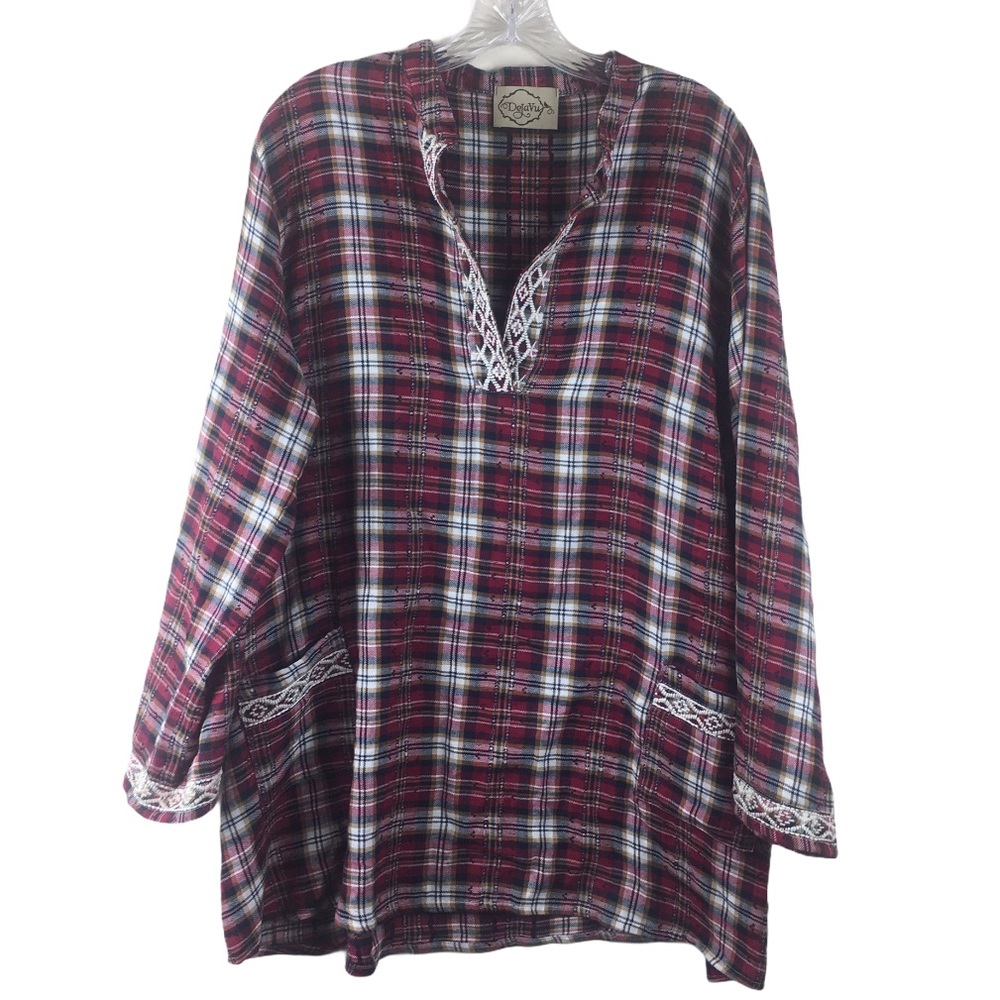 Dejavu plaid Aztec embroidered sleeve tunic top bohemian oversized size small
